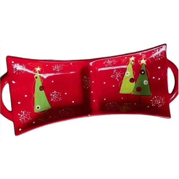Stone Lite Ceramic Red w/Green Trees Holiday Serving Platter - Picture 1 of 16